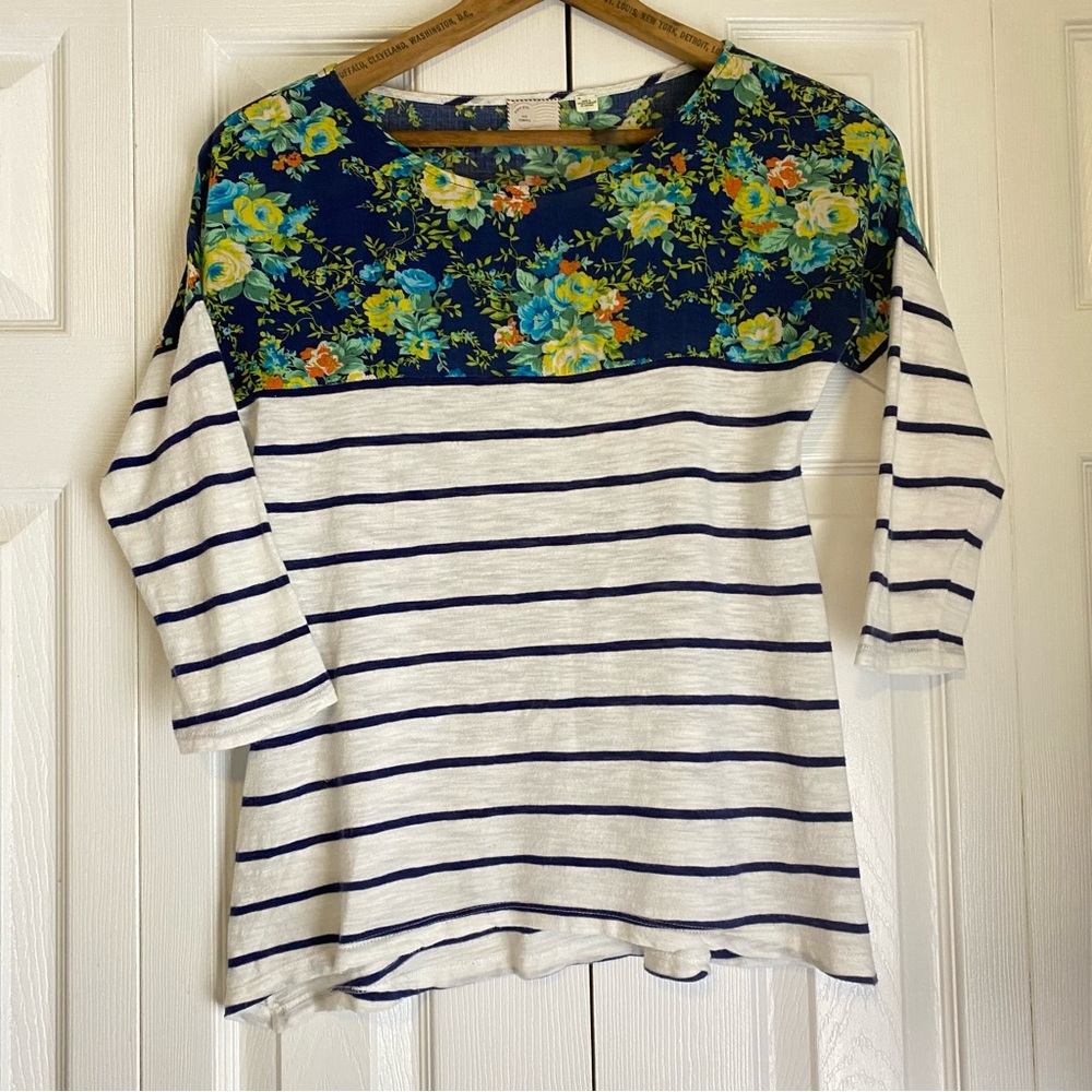 Anthropologie PostMark Stripes Floral Top Navy Blue White X Small